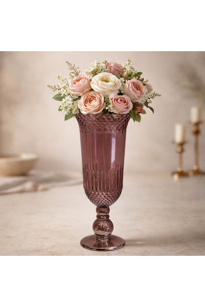 esdekor مزهرية زجاجية منقوشة باللون الوردي الوردي 45 سم، ديكور أنيق، قطعة واحدة