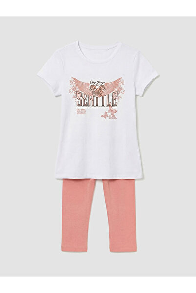 LC Waikiki Ροζ μπλουζάκι και κολάν για κορίτσια με λαιμόκοψη με τύπωμα