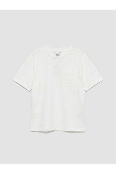 LC Waikiki White Crew Neck Eyelet Embroidery Detailed Girls' T-Shirt