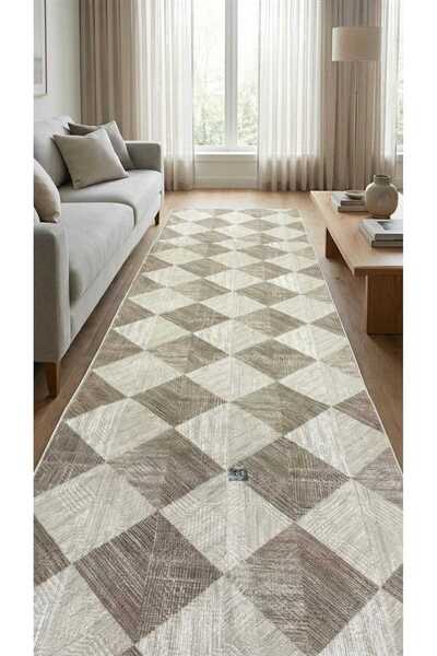 Nesrin JEL TABAN KAYMAZ MODERN KREM KAHVE DEĞİŞİK ŞEKİLLİ GÜZEL KESME HALI YO...