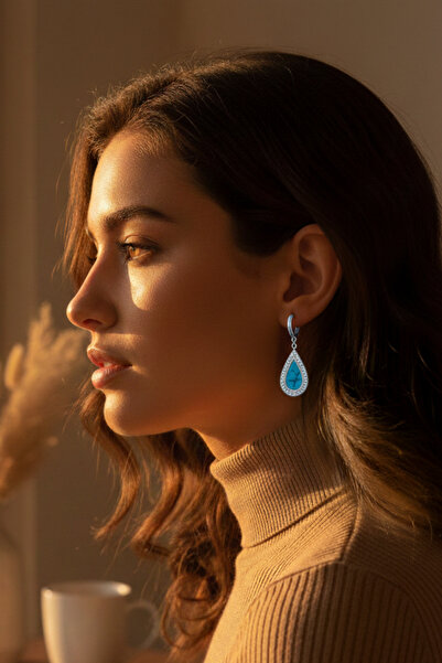 takimaster Turquoise Stone Drop Earrings - Silver Color Steel Earrings with Z...