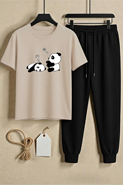 uyguntarz Unisex Sleep Panda Printed Design T-Shirt - 2-Piece Tracksuit Set