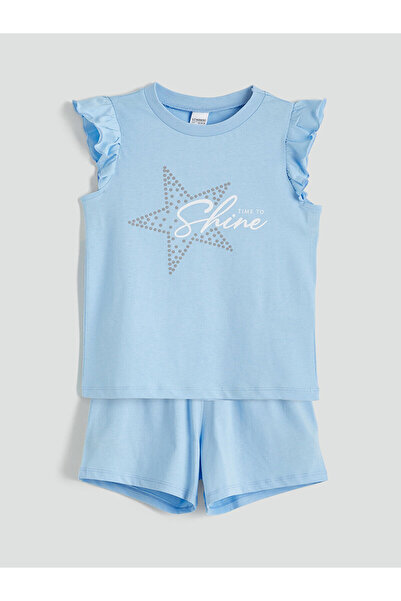 LC Waikiki مجموعة إلسيفا: طقم بيجامة بناتي مطبوع باللون الأزرق مع شورت