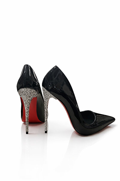 HAYYSHOES AURORA SİYAH RUGAN- GÜMÜŞ CAM KIRIĞI TOPUK KADIN STİLETTO YÜKSEK TO...