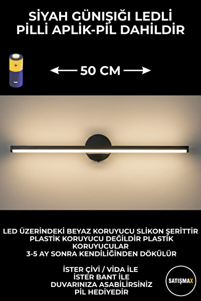 SatışMax Modern Dekoratif Led Duvar Aplik 50 Cm Siyah 1 Adet PİLLİ GÜNIŞIĞI LED