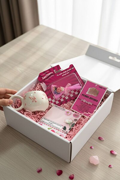 Perry Accesories flowers aynalı mini buket ve pembe fiyonk kupa ve doğal taş ...