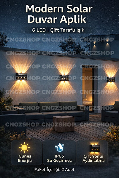 CNGZSHOP Adet Modern 6 LED’li Solar Çift Taraflı Aplik | Güneş Enerjili Duvar...