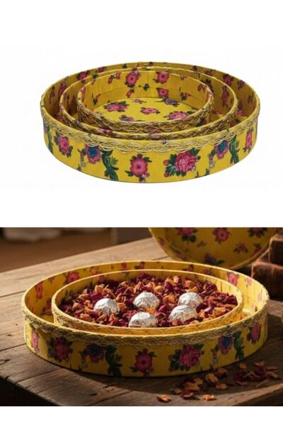 Premium طقم صواني تقديم خشبية مزخرفة يدوياً بنقوش زهرية، صواني دائرية مزخرفة ...