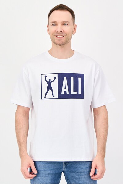 ALI Men Crew Neck Short Sleeve Brand Logo T-Shirt, White