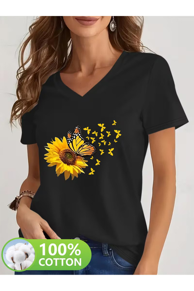 YUNAYT Women's V-Neck Draped Printed T-Shirt