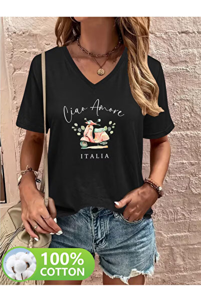 YUNAYT Women's V-Neck Draped Printed T-Shirt