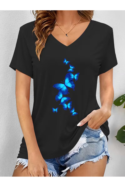 Cevval تي شيرت نسائي مطبوع بقصة على شكل حرف V