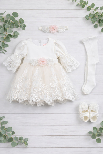 Panfilia Baby Girl Laced/Ruched 4-Piece Mevlüt Wedding Dress Set