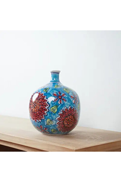 Generic مزهرية خزفية مزينة باللون الأزرق والزهور الحمراء