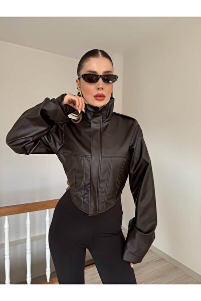 YK FASHION Korse Detaylı Deri Ceket