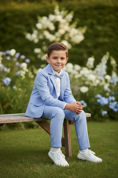 Merdia Boys' Slub Linen Suit (Jacket, Shirt, Bow Tie and Drawstring Pants) Baby Blue