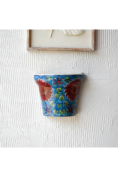 Generic Ceramic Wall Plant Holder with Red and Blue Floral Patterns