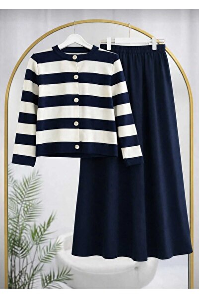 MODA VEDAT Women's Striped Knitwear Cardigan - Dabıl Pocketed Skirt Set -0355