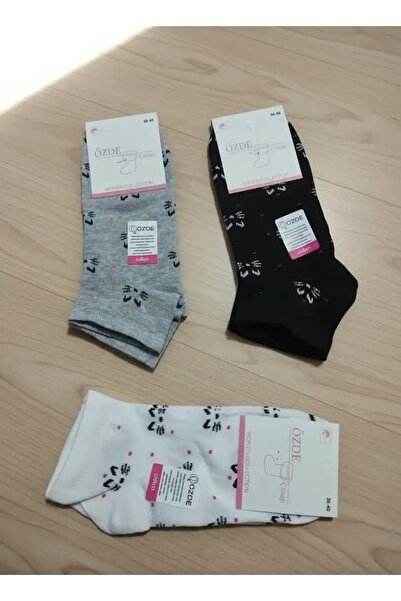 EfemİcGiyim Cat Patterned Mixed Color Seasonal Cotton Booties Socks 12 Pack