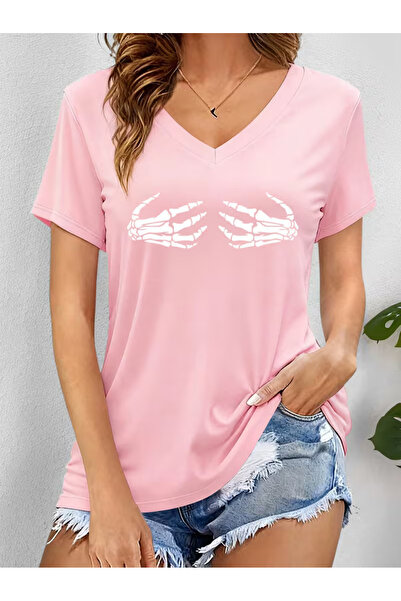 YUNAYT Women's V-Neck Draped Printed T-Shirt