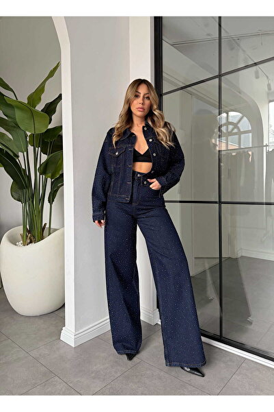 MEECY Women's Navy Blue Stoned Viral Jeans Set