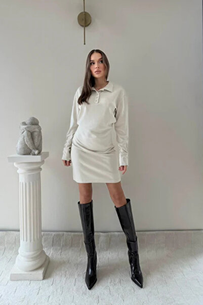 MOZENA Polo Collar Waist Draped Detail Modal Mini Dress