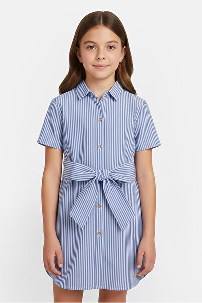 Michael Kors فستان قميص مخطط برباط وحزام للبنات، متعدد الألوان