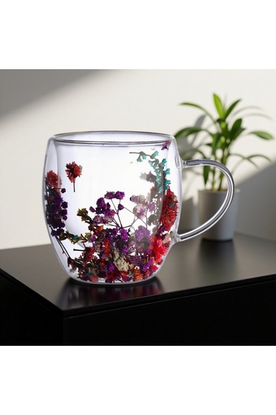 OEM Double wall glass mug with decorative flowers for tea and coffee