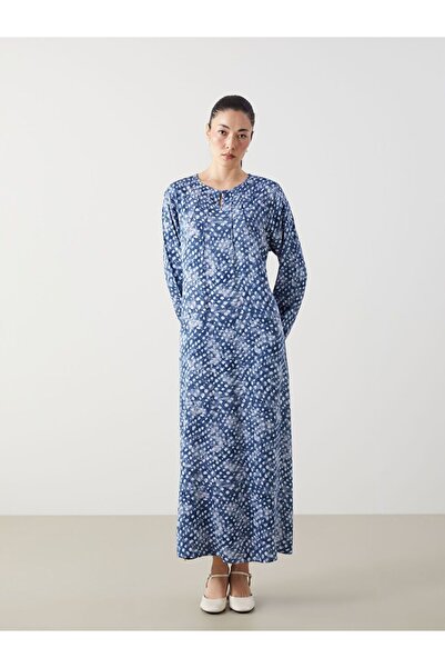 LC Waikiki Lcw Grace Navy Blue Crew Neck Patterned Dress