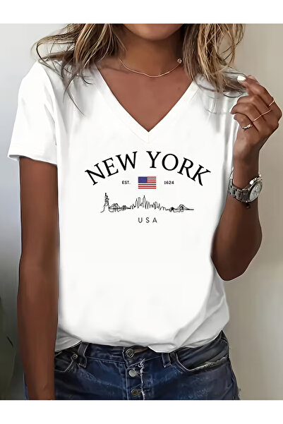 Cevval Women's V-Neck Draped Printed T-Shirt