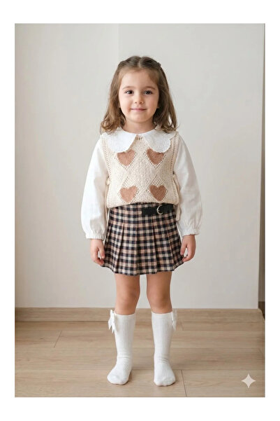 Mini Baray Girl's Heart Knitted Vest Lace Collar Blouse Plaid Pleated Skirt 3...