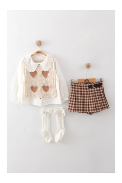 Mini Baray Girl's Heart Knitted Vest Lace Collar Blouse Plaid Pleated Skirt 3-Piece Set 2 3 4 5 Years - Coffee