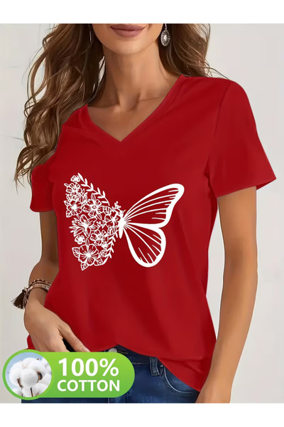 YUNAYT Women's V-Neck Draped Printed T-Shirt