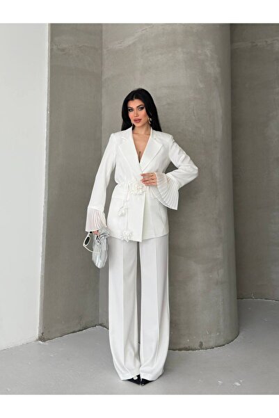 Bella Breeze Women's Rose Accessory Detailed Double Breasted Collar Jacket an...