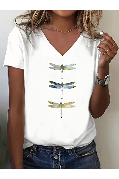 Cevval Women's V-Neck Draped Printed T-Shirt