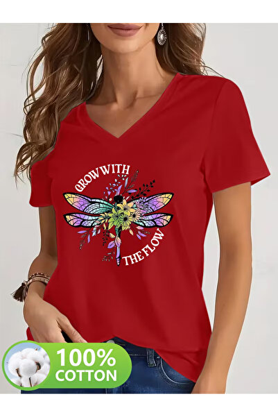 YUNAYT Women's V-Neck Draped Printed T-Shirt