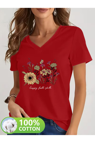 YUNAYT Women's V-Neck Draped Printed T-Shirt