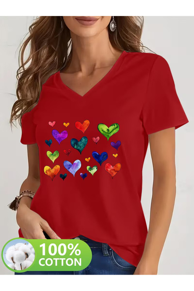 YUNAYT Women's V-Neck Draped Printed T-Shirt