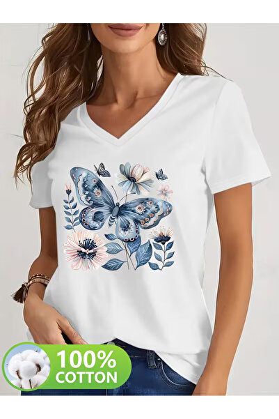YUNAYT Women's V-Neck Draped Printed T-Shirt