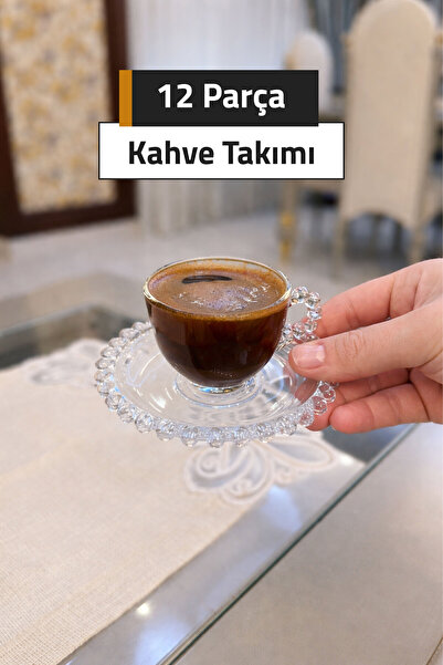 Mutfiko 12 Parça Lüks Cam Kahve Fincan Takımı (Boncuk Detaylı)