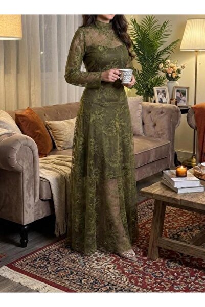 Azyaa Al-Amira Long olive green lace evening dress with sheer sleeves and ele...