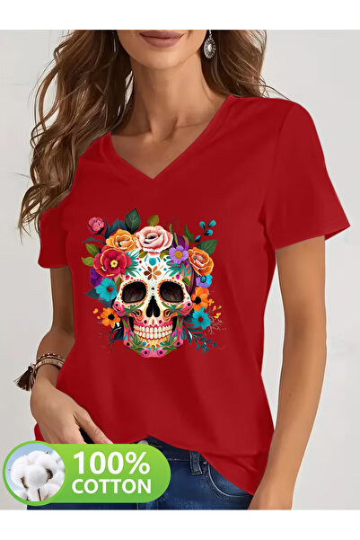 YUNAYT Women's V-Neck Draped Printed T-Shirt