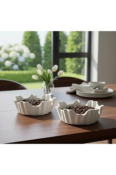 Silver Set of 2 Modern Wavy Form Handmade Ceramic Bowls - Decorative Presenta...