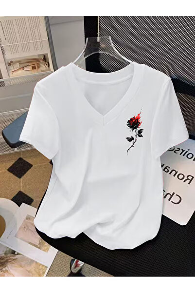 YUNAYT Tricou de damă cu decolteu în V, cu imprimeu fluid