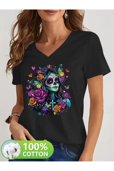 Cevval Women's V-Neck Draped Printed T-Shirt