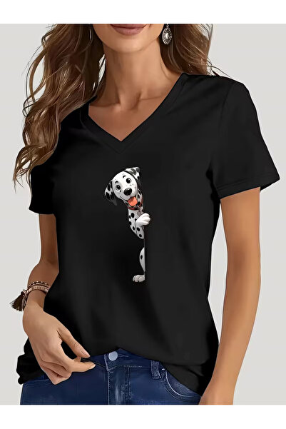 YUNAYT Women's V-Neck Draped Printed T-Shirt