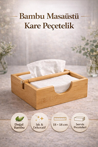 Tilbe Home Bambu Masaüstü Kare Peçetelik Doğal Ahşap Tasarım Mutfak Salon Ofi...