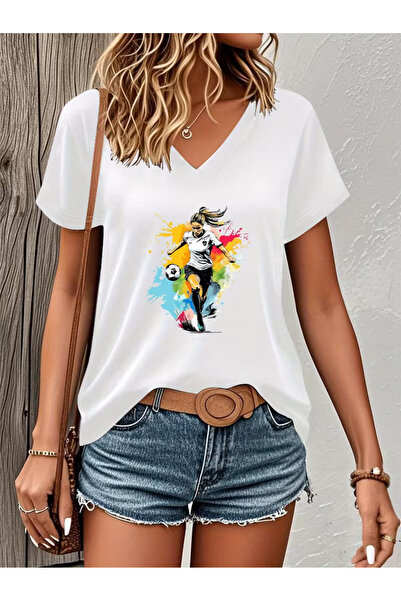 Cevval Women's V-Neck Draped Printed T-Shirt