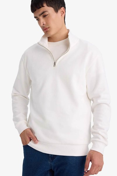 DeFacto White Men's Sweatshirt with High Collar and Half Zipper F9323Ax/Wt32