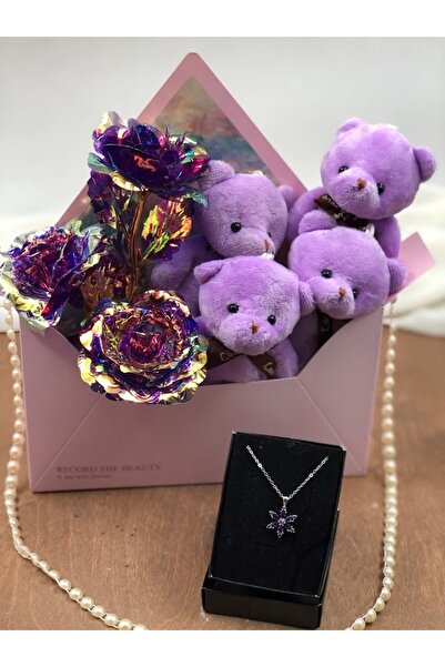 Masalsı Concept 4’lü Peluş Ayıcık ve Kolye Hediye Seti | Mor Premium Kutulu R...
